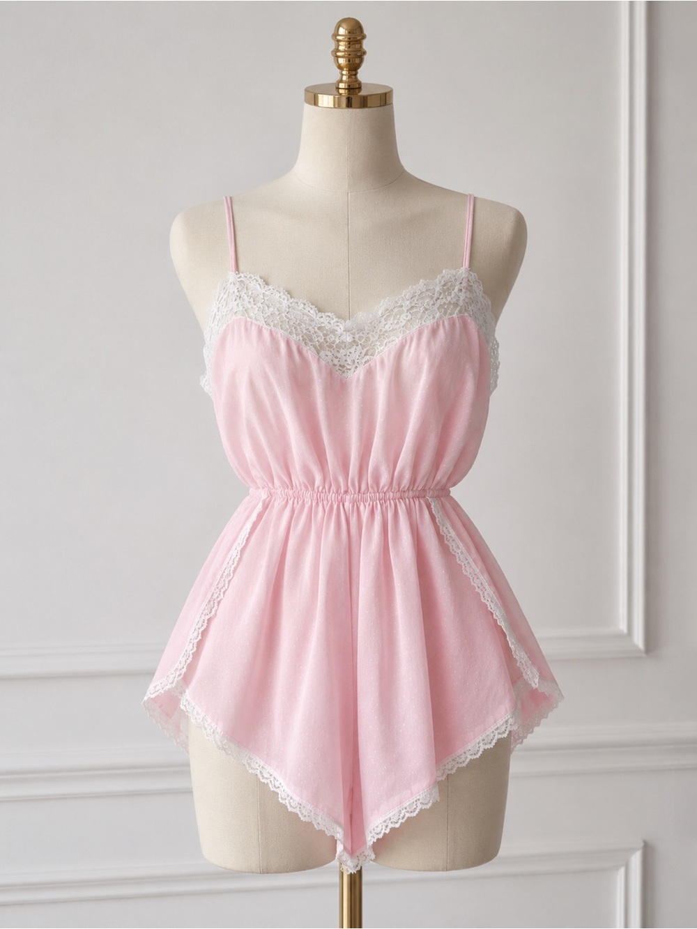 Vintage Pink and White Lace Trim Babydoll Teddy